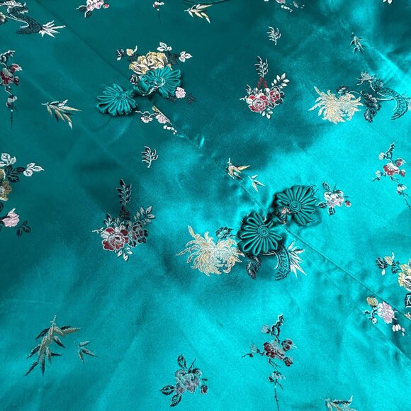 Vintage Chinese Silk Robe Teal Floral Embroidered Mandarin Collar Frog Button 38 - Picture 9 of 10